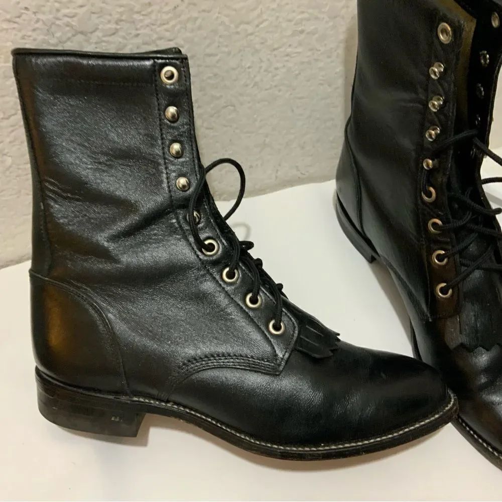 Justin Women’s 6 D Black Kiltie Roper Leather Lace Up Boots